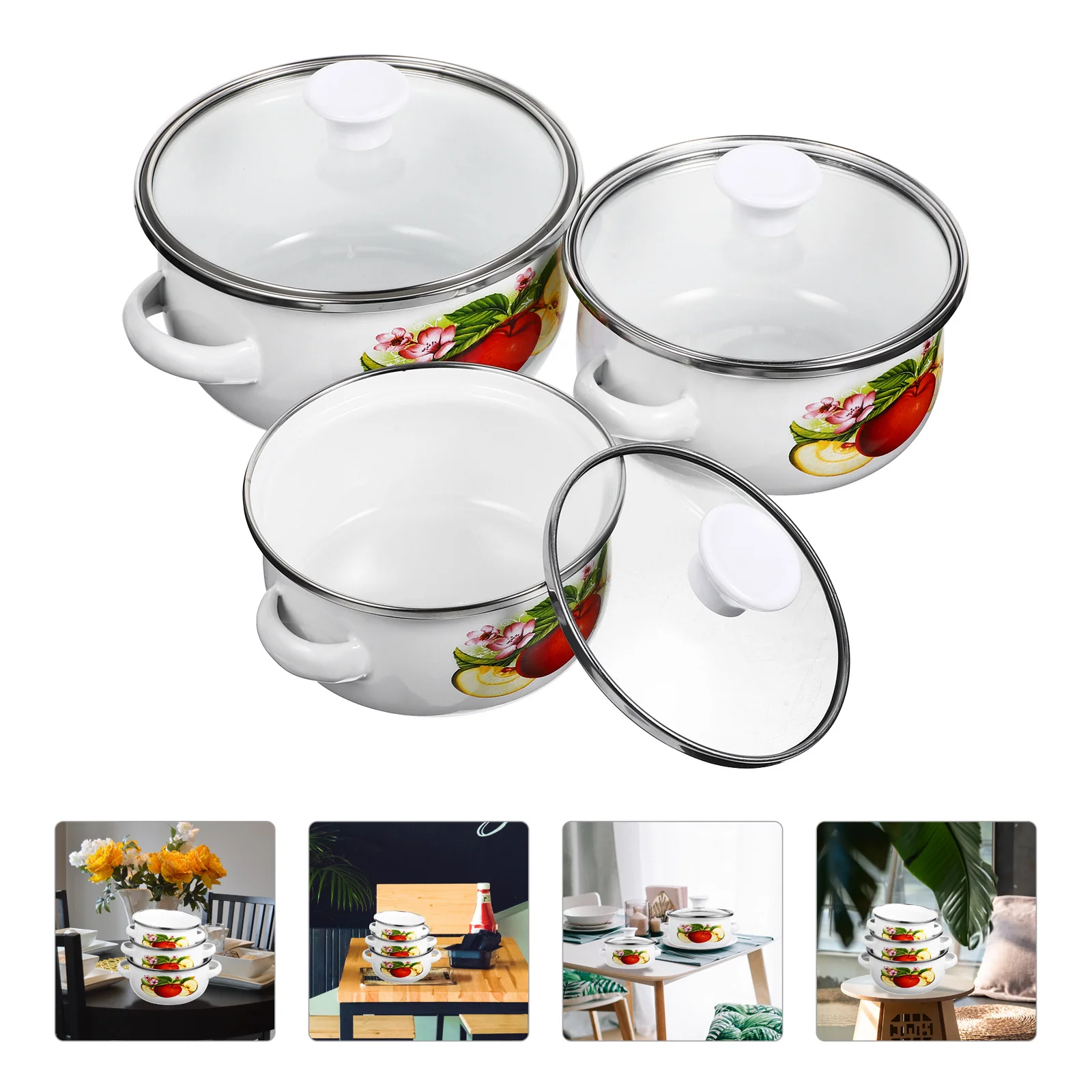 

3Pcs Kitchen Stockpot Stackable Enamel Cooking Pot Double Handles Soup Pot Flat Bottom Stockpot