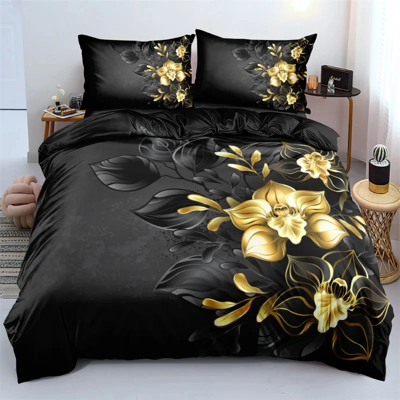 

Комплект постельного белья для девочек и женщин, комплект с пододеяльником и постельным бельем с 3D принтом цветов, цвет темно-золотой