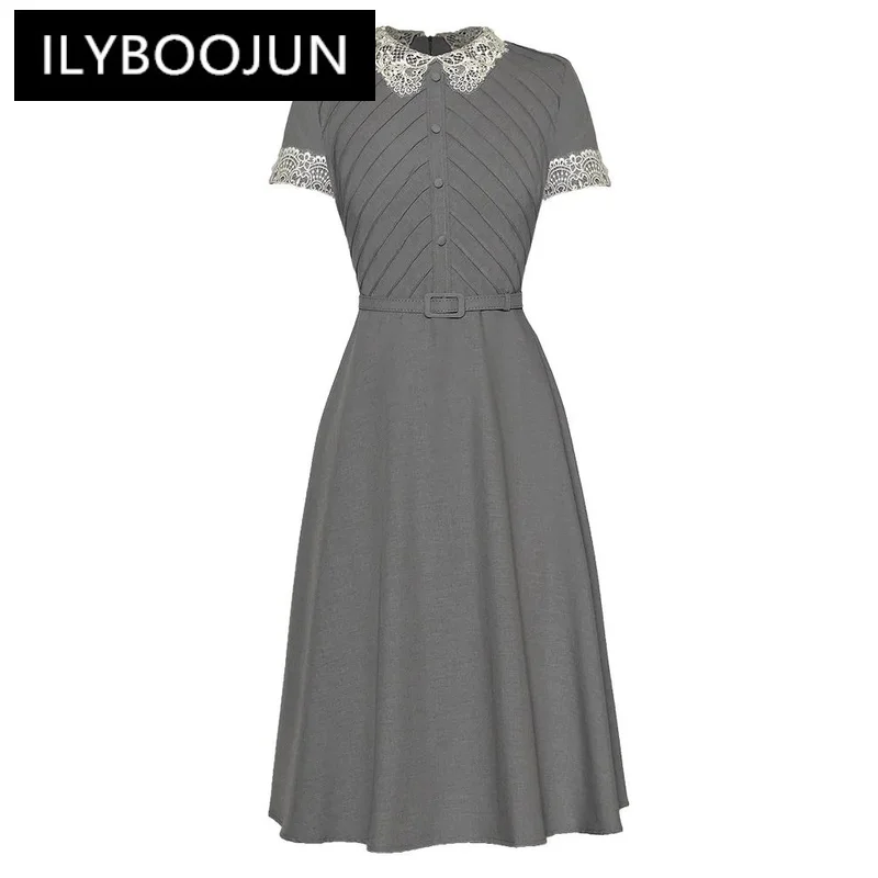 

ILYBOOJUN 2024 Summer Fashion Runway Vintage Dress Women Turn-down Collar Lace-Up Tie-belted Temperament Party Midi Dress