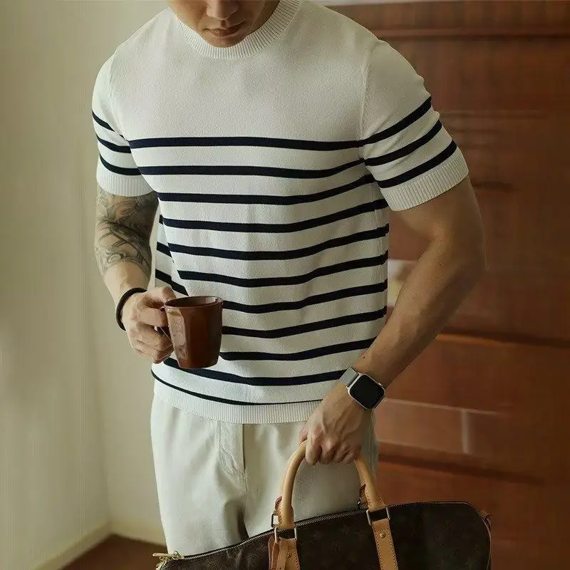 Summer Men's Clothing Light Luxury Knit O Neck Short-sleeved T Shirt Patchwork Korean Leisure Streetwear Retro Knitwear T-Shirt
Summer Men's Clothing Light Luxury Knit O Neck Short-sleeved T Shirt Patchwork Korean Leisure Streetwear Retro Knitwear T-Shirt