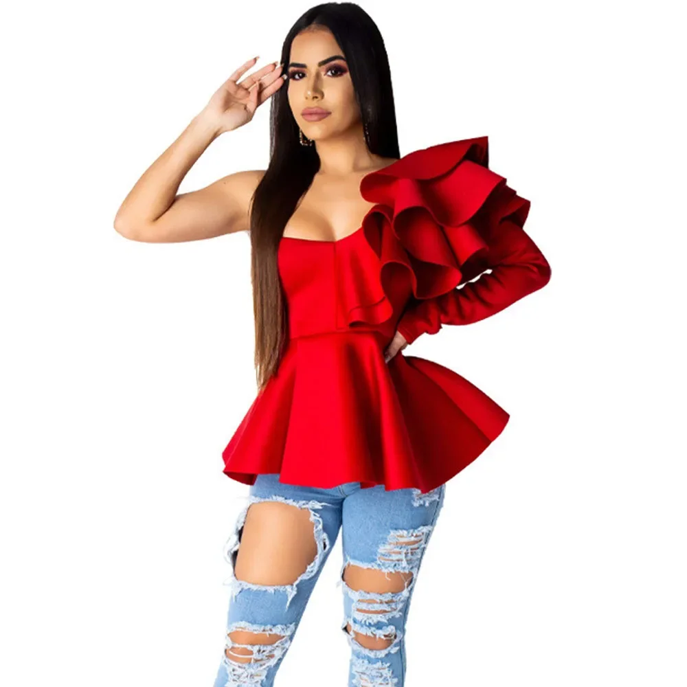 

Women Elegant Blouse Femme Sexy One Shoulder Layered Ruffle Long Sleeve Peplum Blusas Shirts Club Party Womens Tops and Blouses