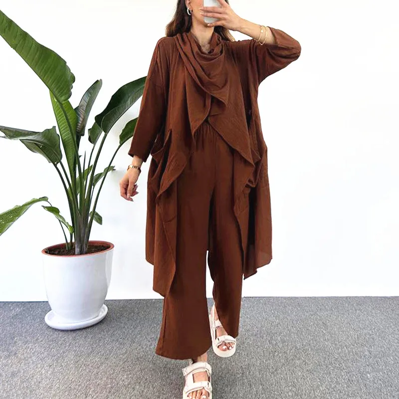 2023 New Fashion Women Casual Summer Two Piece Set Outfits Shawl Collar Big Pockets Long Loose Top and Ankle Length Pants Set
2023 New Fashion Women Casual Summer Two Piece Set Outfits Shawl Collar Big Pockets Long Loose Top and Ankle Length Pants Set