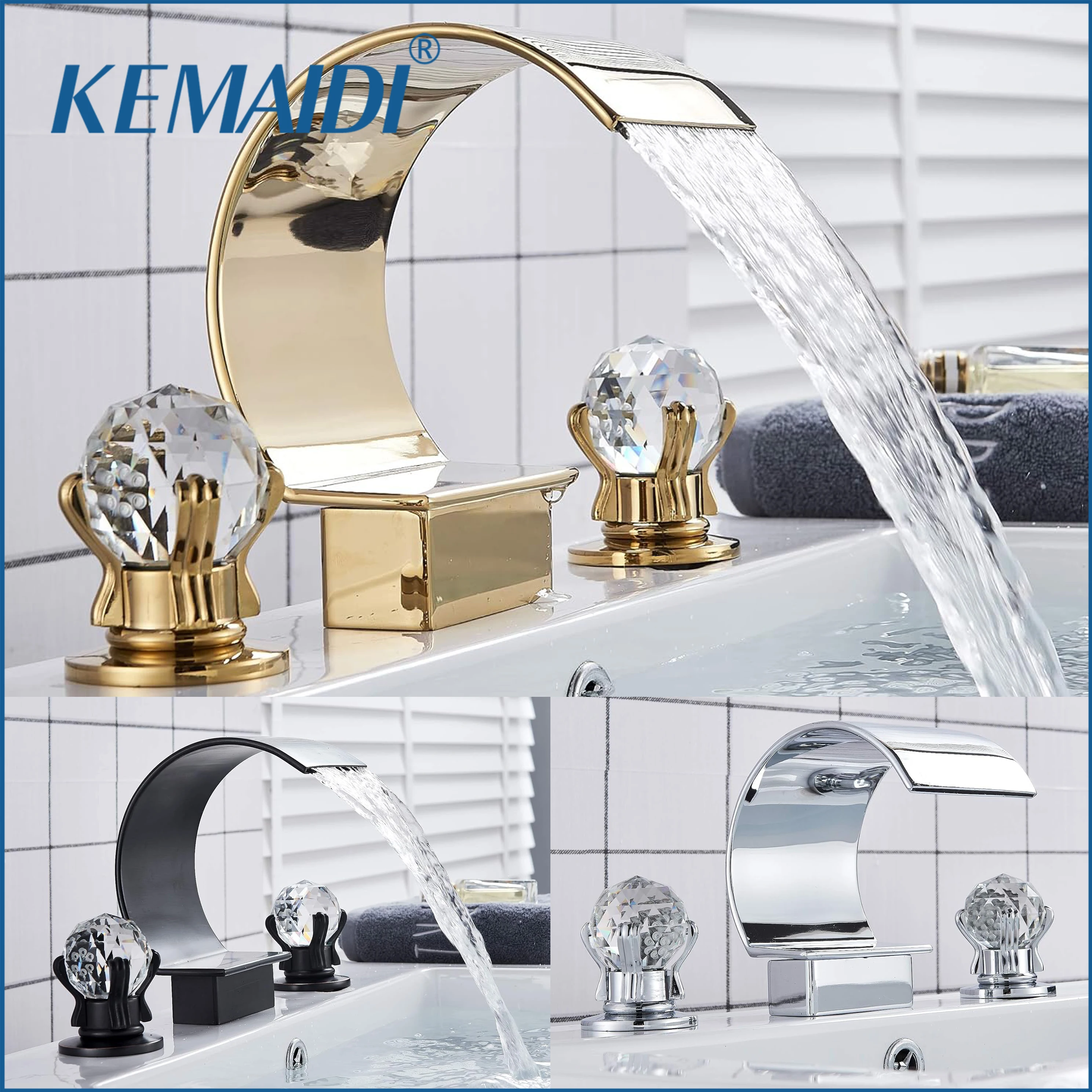 

KEMAIDI Polished Gold Bathroom Faucet Dual Crystal Knobs Widespread Vanity Basin Mixer Tap Bathtub Filler Faucets for Bath Sink