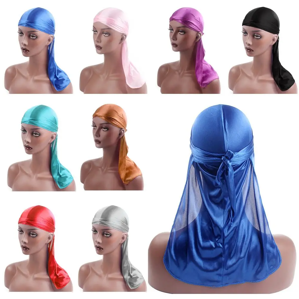 

Pre-Tied Silk Durag Fashion Polyester Elastic Turban Hijab Adjustable Pirate Hat Men Women