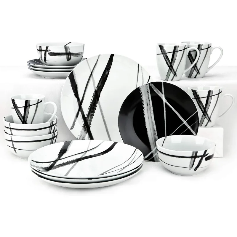 

ZYAN 16 Piece Round Dinnerware Sets, Black and White Metro Stoneware Dish Sets, Dishwasher Safe Plates and Bowls Sets for 4
