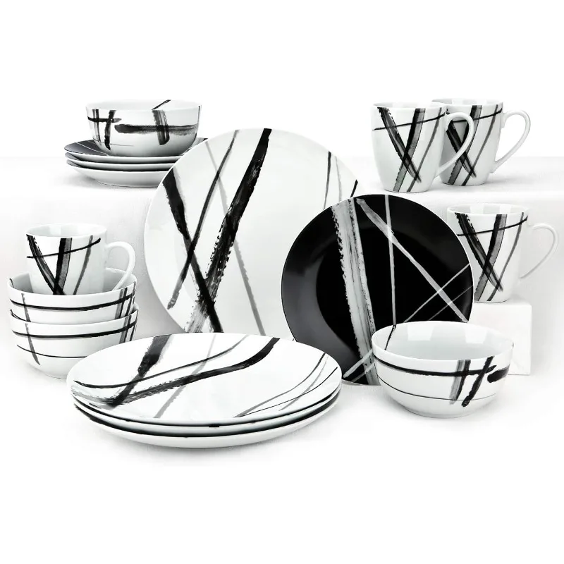 ZYAN 16 Piece Round Dinnerware Sets, Black and White Metro Stoneware Dish Sets, Dishwasher Safe Plates and Bowls Sets for 4
ZYAN 16 Piece Round Dinnerware Sets, Black and White Metro Stoneware Dish Sets, Dishwasher Safe Plates and Bowls Sets for 4