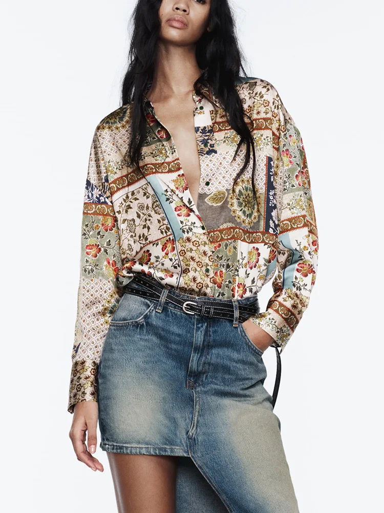 

Fashion Women Clothing Vintage Patchwork Floral Print Shirt Long Sleeve Top Lapel Button Up Side Vents Hem Loose Satin Shirt