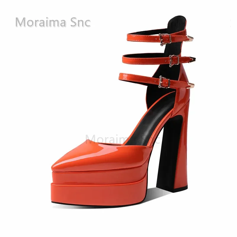 

Pointed Toe Patent Leather Platform Sandals for Women Spring Summer Buckle Strap Women's Pumps Chunky High Heels Party Shoes