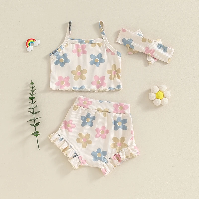 

Baby Girl Summer Clothes Ribbed Sleeveless Backless Cami T Shirts Floral Ruffle Shorts Sets Newborn Cute Outfits