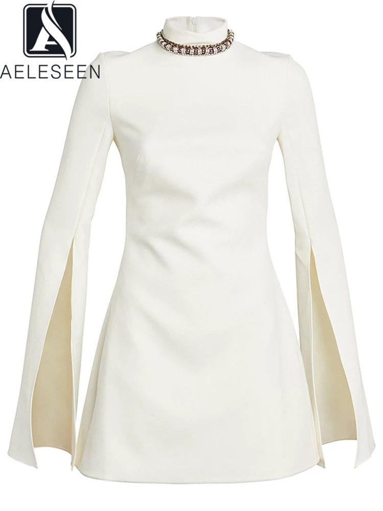 

AELESEEN High Quality White Mini Dress Women Spring Summer Split Flare Sleeve Turtleneck Beading White Zipper Casual Vestidos