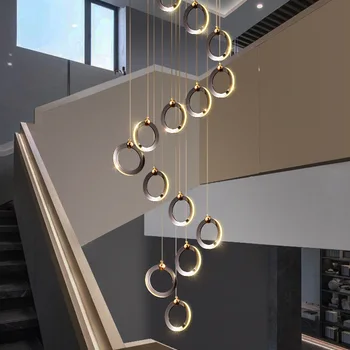 크리에이티브 원형 크롬 LED 계단 샹들리에, 로프트 식당 전시 홀 램프, 이중 천장 샹들리에, 실내 조명