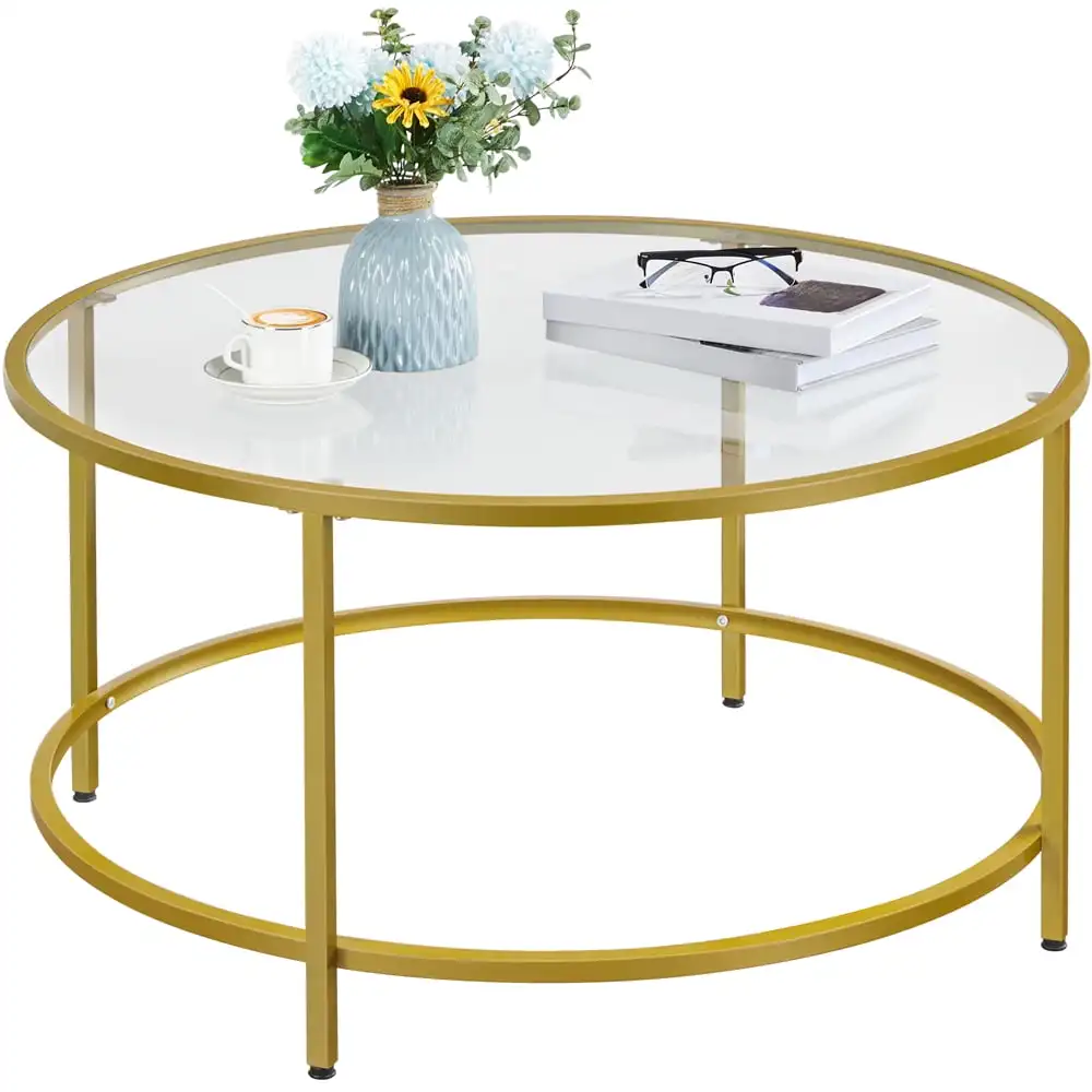 Easyfashion Round Glass Top Coffee Table for Livingroom Gold modern Tempered glass desktop matte black frame
Easyfashion Round Glass Top Coffee Table for Livingroom Gold modern Tempered glass desktop matte black frame