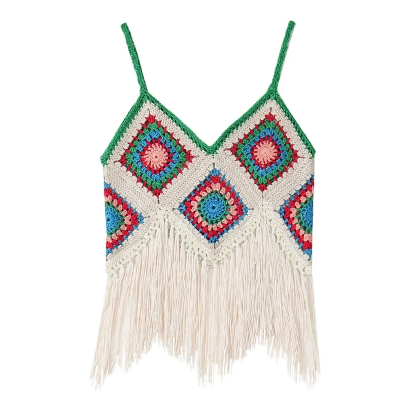 

Women Ethnic Camisole Boho Crochet Contrast Colored Diamond Plaid Crop Top Fringe Tassels Hem Knit Vest N7YF