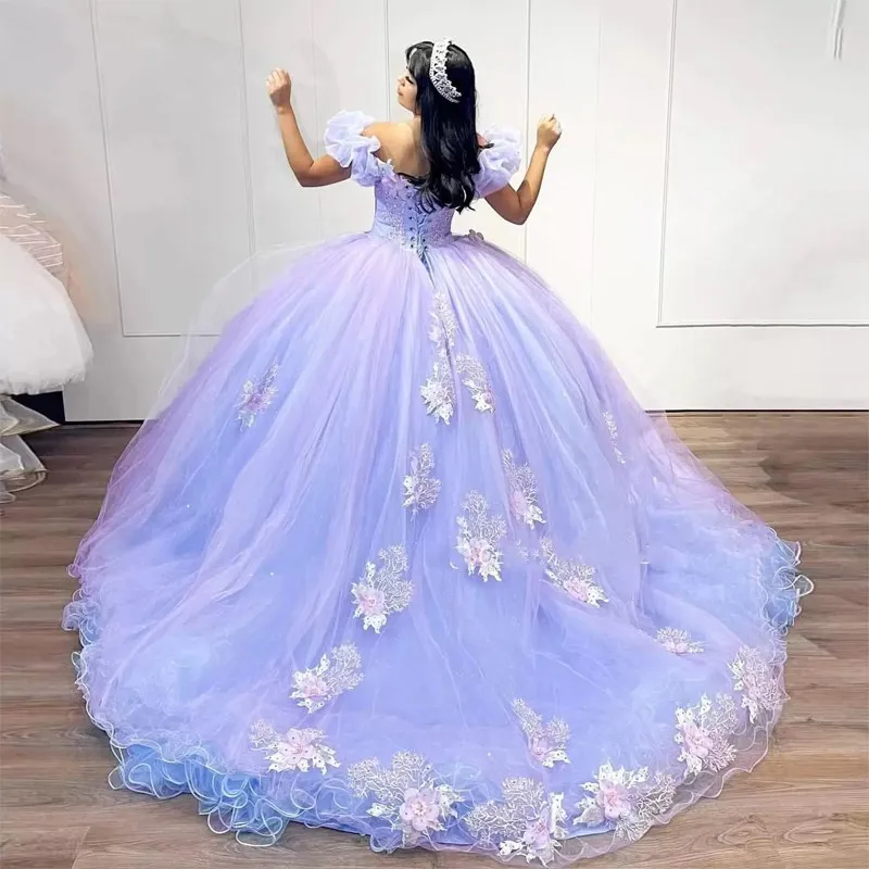 

Doymeny Лавандовое платье Quinceanera с V-образным вырезом, милое платье с аппликацией из бисера с 3D цветами, милое платье принцессы 15 16 на день рождения, бальное платье