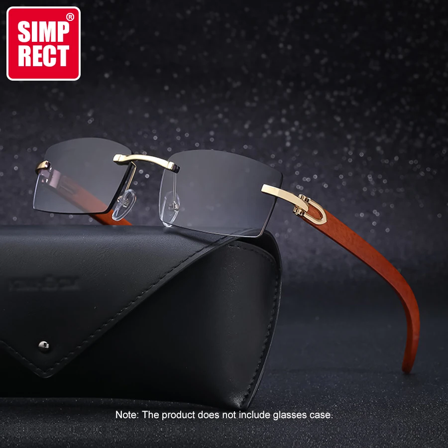 

SIMPRECT Wood Grain Rimless Rectangle Sunglasses For Men 2023 Luxury Brand Quality Designer UV Protection Square Sun Glasses