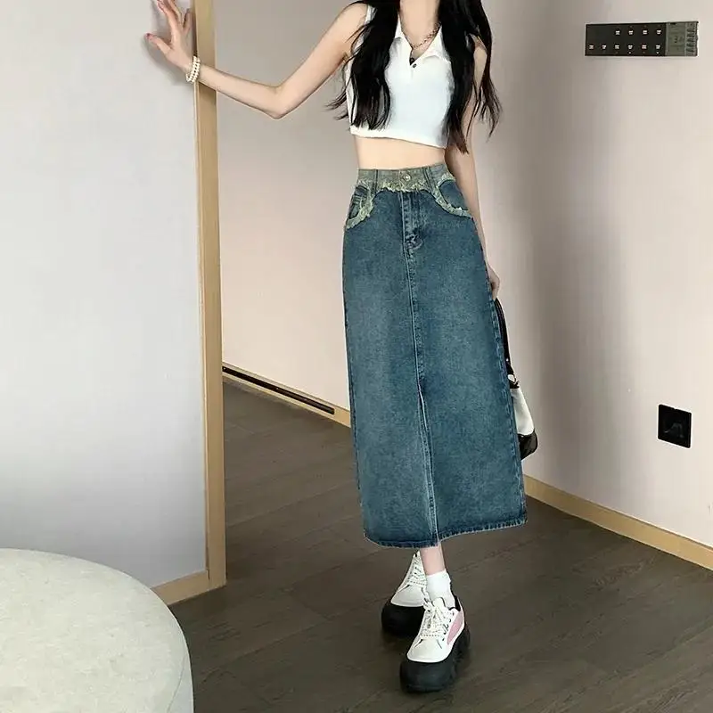 

New Splicing Split A-Line Skirt Pocket Washed Mid Length Skirt Women's Clothing High Waisted Split Denim Skirt for Women