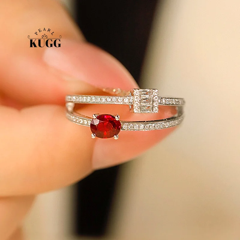 

KUGG 18K White Gold Rings Fashion Cross Design Real Natural Ruby Luxury Diamond Shiny Gemstone Ring for Women High Party Jewelry
