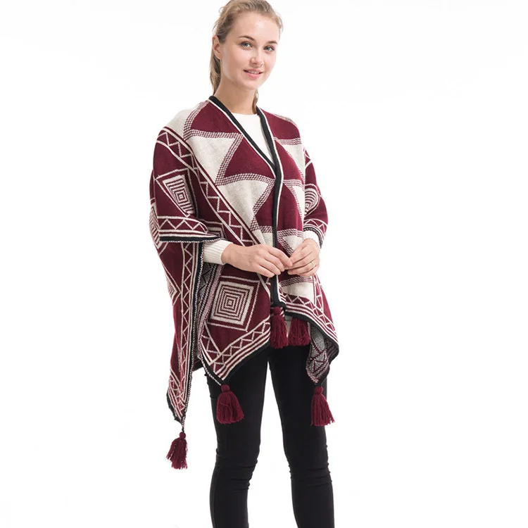 Spring Autumn Geometric Pattern Tassel Cape Women Knitted Cardigan Fashion Street Poncho Lady Capes Red Cloaks
Spring Autumn Geometric Pattern Tassel Cape Women Knitted Cardigan Fashion Street Poncho Lady Capes Red Cloaks