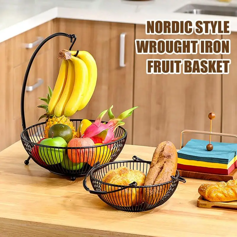 

Two-Tiered Iron Fruit Basket With Banana Hanger Large Capacity Vegetable Container Multipurpose Holder For Kitchen Organizer