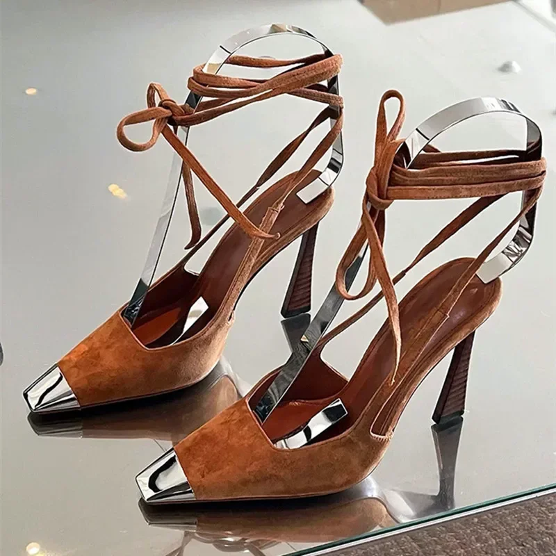 Metal Decorative Sexy Pointed Toe High Heels Women Ankle Strap Suede Women Pumps Summer Elegant Heeled Sandals Tacones Mujer 4 S4724110dd99d42faaf4f56a198464a810