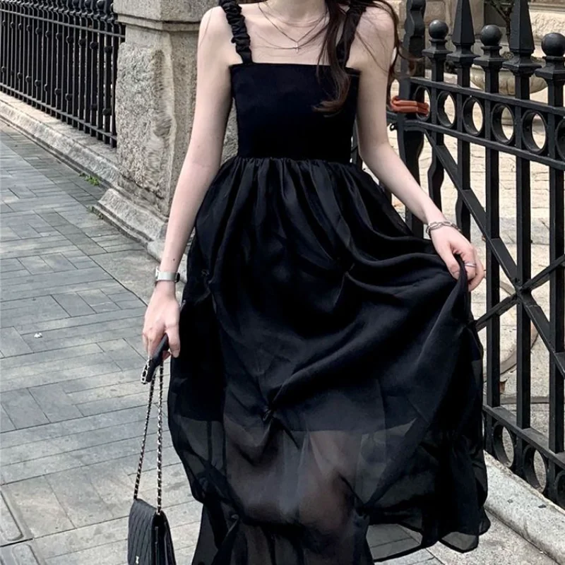 

HOUZHOU Korean Fashion Lace Slip Black Dress Women Gothic Backless Corset Fluffy Mesh Elegant Party Pleated Dresses Harajuku
