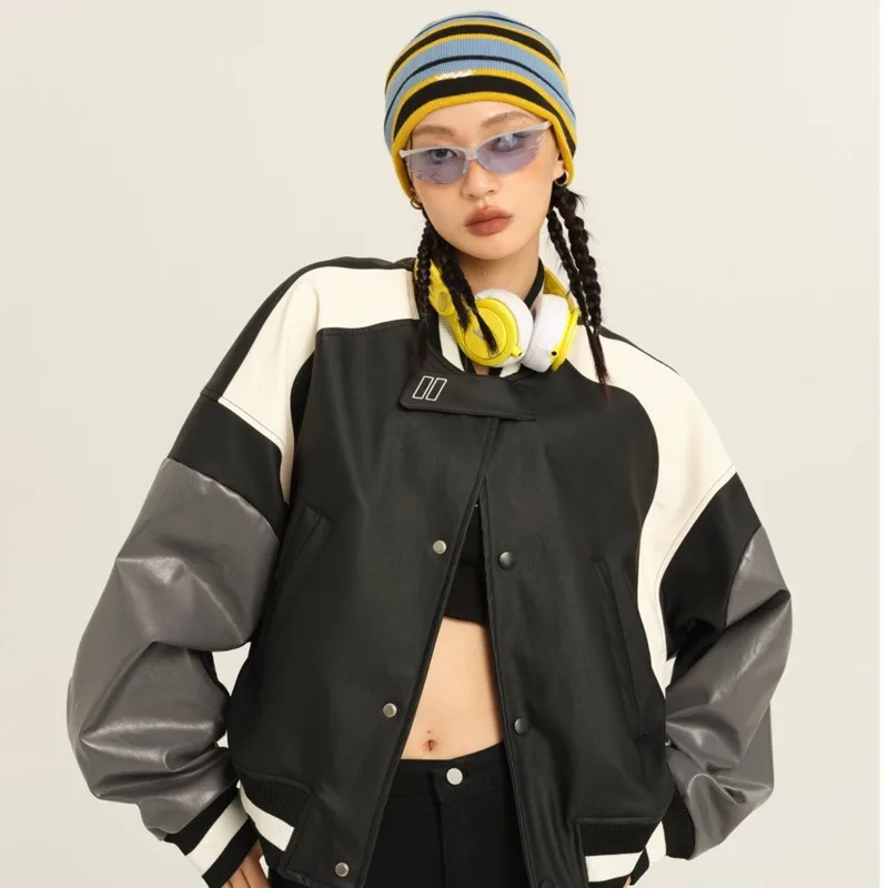 

New In External Clothes Y2k Women's Winter Bomber Jacket Street Hiphop Color Contrast Stitching Fashion Loose Tops Coat Baseball