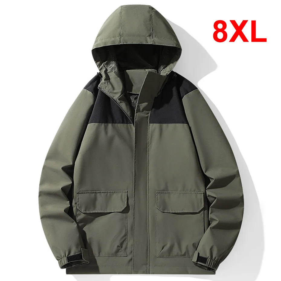 

Black Windbreak Jacket Men Waterproof Coat Camping Jacket Spring Autumn Hooded Windbreak Male Outerwear Plus Size 8XL