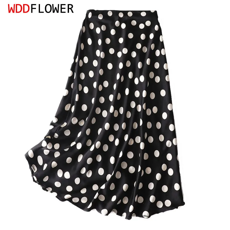 

Women's 92% Mulberry Silk 8% Spandex Satin Silk Black Dots Printed Fishtail Midi Pencil Long Skirt MM154