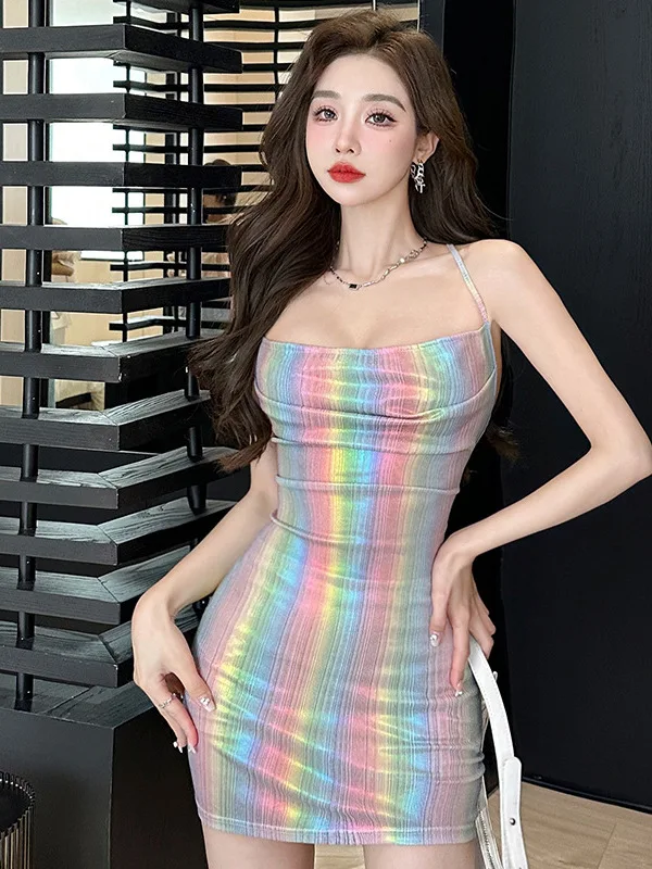 

Sexy Gradient Rainbow Slim Backless Strap Dress Fashion Erotic Design Sense Mature Bold Romantic Passion Thin Sheer Charm HF6T