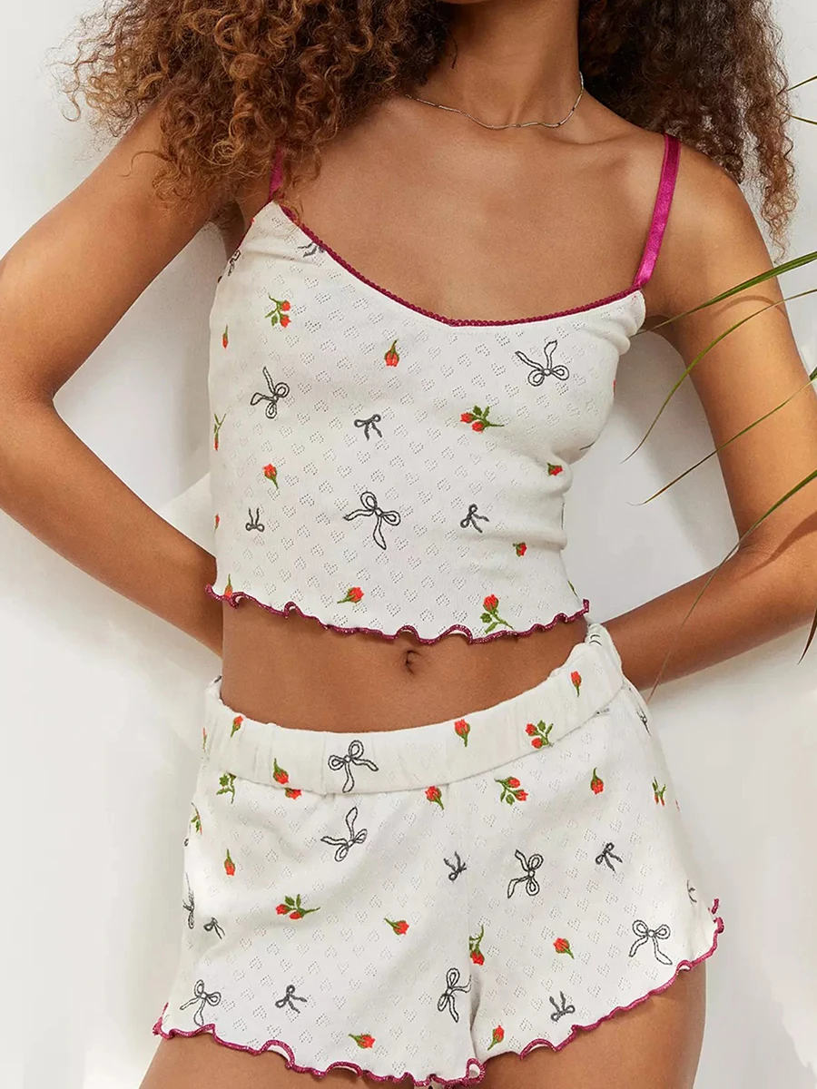 

Women 2 Piece Lace Pajama Sets Bow Sleeveless Cami Tank Top Shorts Set Cute Matching Pj Set Loungewear