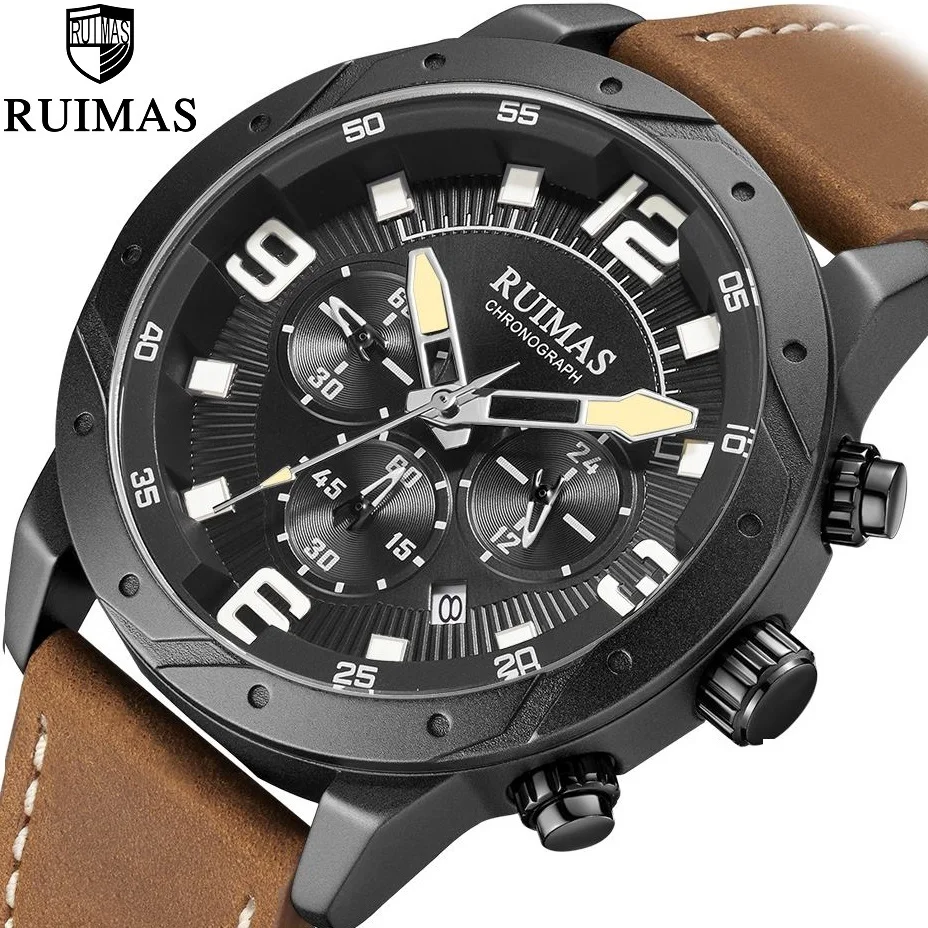 

RUIMAS Men's Original New Chronograph Watch Luxury Leather Strap Analog Wristwatch Man Top Brand Waterproof Male Relogios Clock