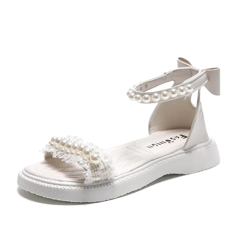 

Сандалии для девочек летние повседневные с жемчугом сандалии принцессы в римском стиле Модные шикарные детские пляжные сандалии-гладиаторы с открытым носком на липучке
