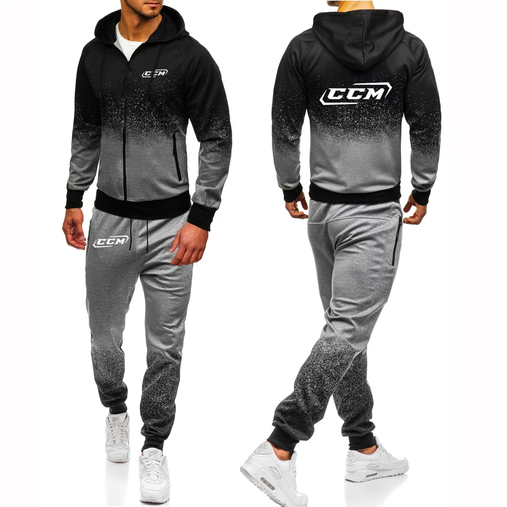 

CCM 2024 men's new hooded zipper hooded sweater+trousers sportswear casual printed sweatpants casual Harajuku sportswear gradien