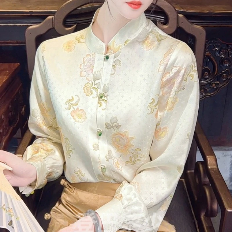 

Женские атласные рубашки в китайском стиле, шелковые блузки с цветами, одежда на весну/лето, женские топы свободного кроя с длинным рукавом YCMYUNYAN