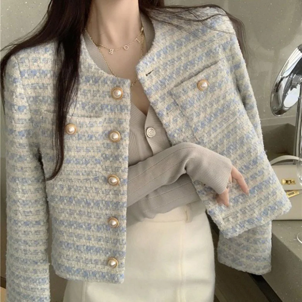 

Graceful Women's Blue Tweed Striped Jackets French Niche Loose Coat Ropa Mujer Temperament Tunic Retro and Fashionable Style