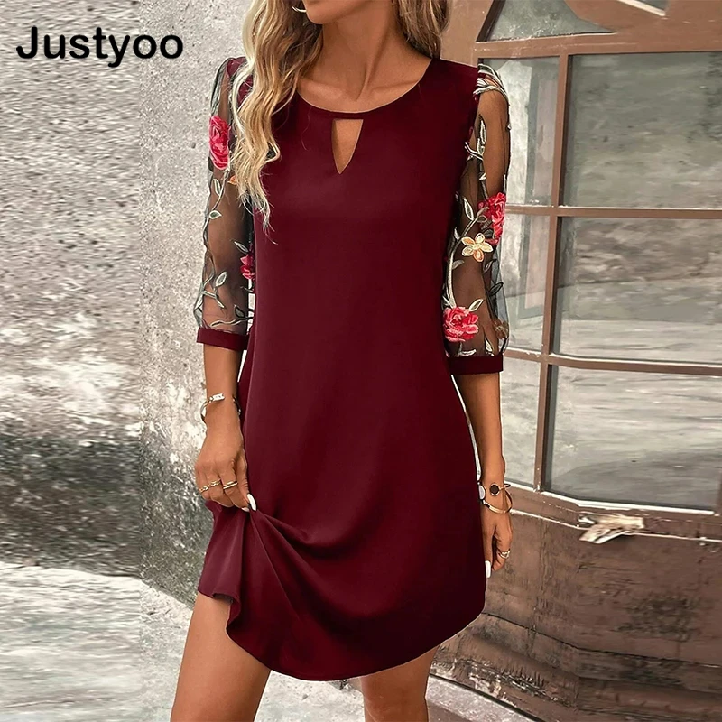 

New Sexy Party Mesh Floral Print Dress Elegant Keyhole Neckline 3/4 Sleeve Dress Women's Elegant Dress 2024