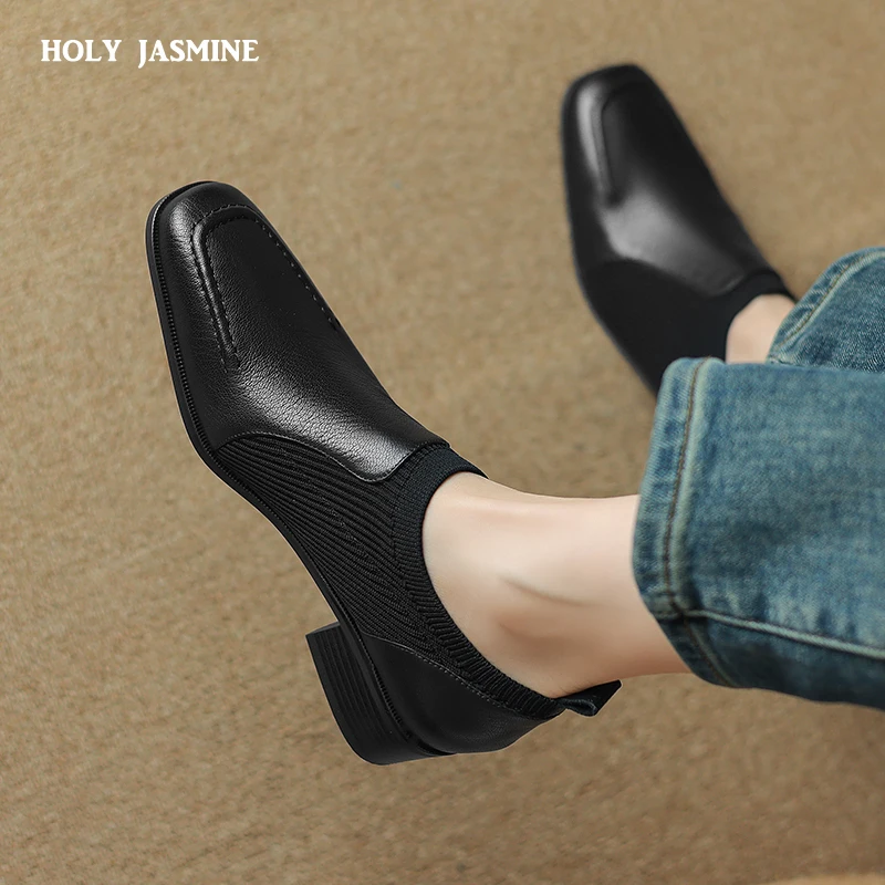 

Genuine Leather Top Quality Sheepskin Shoes Woman 2024 New Spring Slip on Dress Black Square Toe Ladies Loafers High Heel Shoes