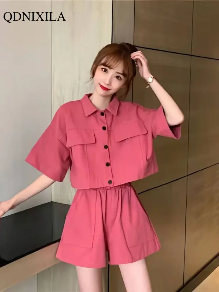 

2023 Summer Women's Suit Short Sets Casual Femininity Two Piece Set Korean Style Loose Fashion Tops Shorts New In Matching Sets