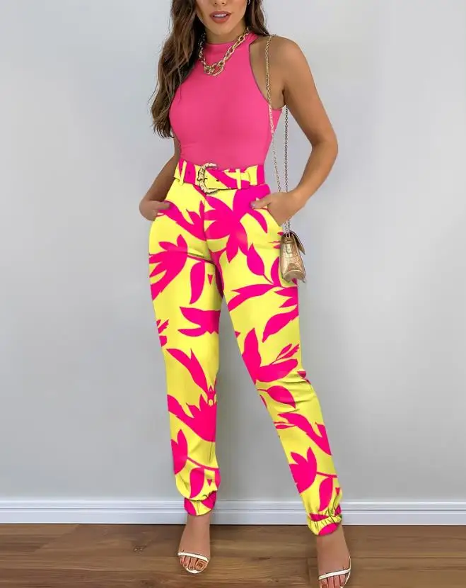 Two Piece Set Women Outfits Casual Sleeveless O-Neck Tropical Print Top & Fashion Female Suits Cuffed Pants Set Streetwear 2023
Two Piece Set Women Outfits Casual Sleeveless O-Neck Tropical Print Top & Fashion Female Suits Cuffed Pants Set Streetwear 2023