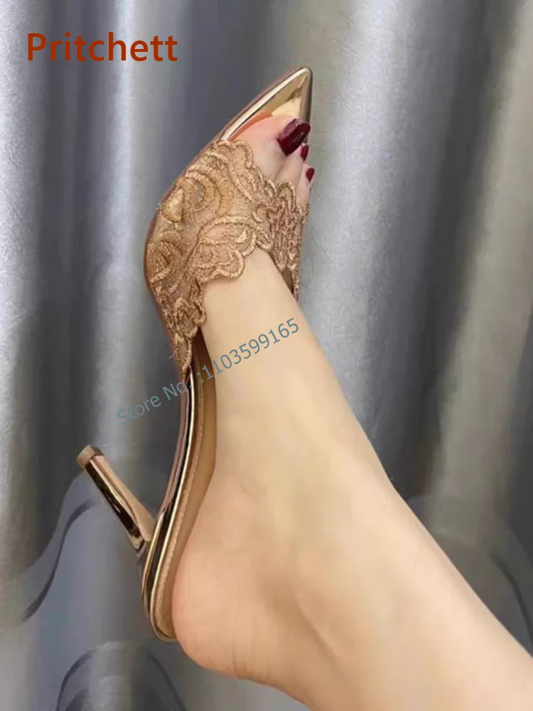 

Peep Toe Embroidery Slipper Thin Heel Slingback Solid Champaign Gold Women Shoes Summer Concise Retro Outdoor Stiletto Slippers