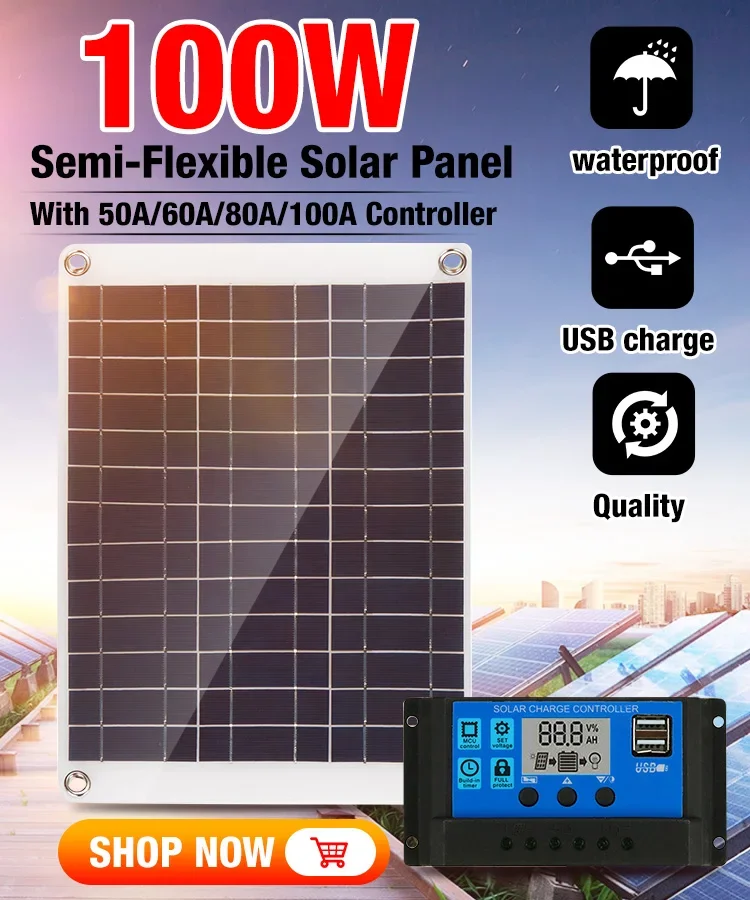 100W Flexible Solar Panel For Car/Boat/ Home Solar Battery Can Charge 12V Waterproof Solar Panel With 50/60/80/100A Controller
100W Flexible Solar Panel For Car/Boat/ Home Solar Battery Can Charge 12V Waterproof Solar Panel With 50/60/80/100A Controller