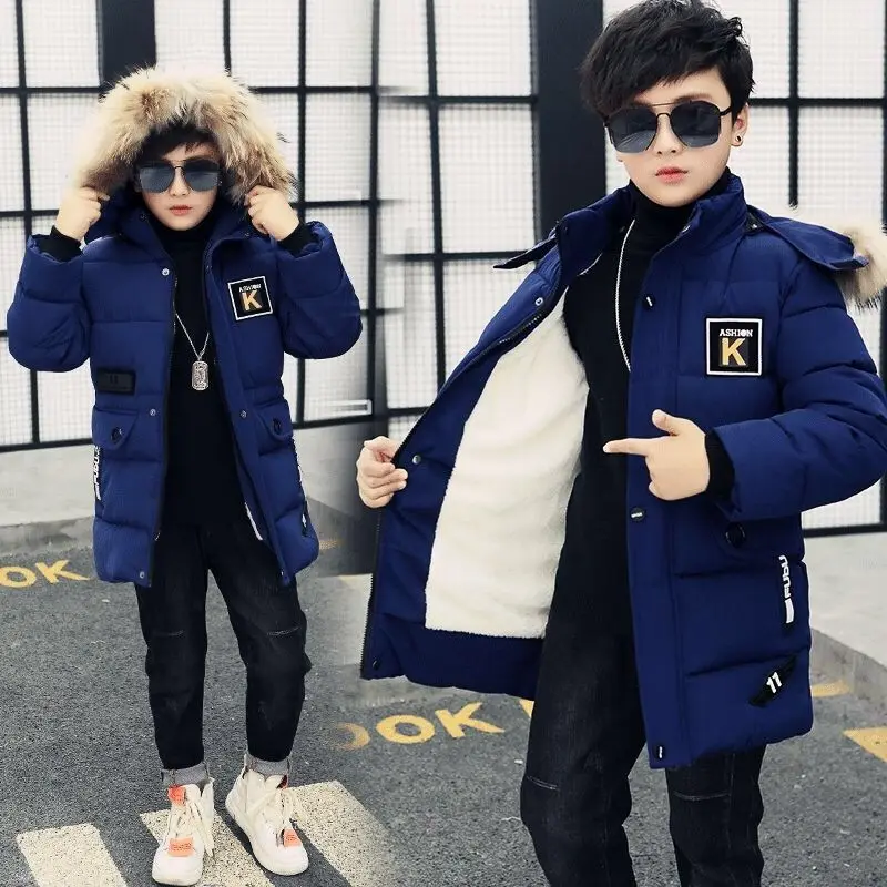 

Пуховик для мальчиков, пальто, хлопковое 2023 синее теплое Утепленное зимнее пальто, детская одежда больших размеров