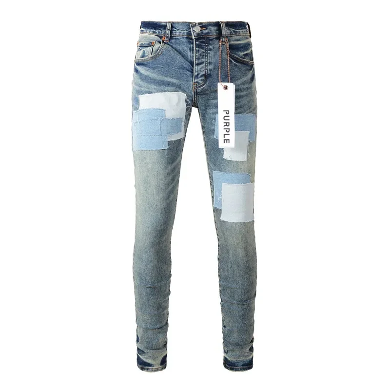 

2024 фиолетовые брендовые джинсы, джинсовые брюки с нашивками в стиле high street, изготовленные из старой ткани с нашивками для ремонта, облегающие джинсовые брюки с низкой посадкой