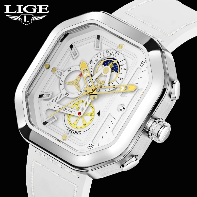 

Часы наручные LIGE Мужские кварцевые с квадратным циферблатом, брендовые Роскошные водонепроницаемые с кожаным ремешком, с хронографом