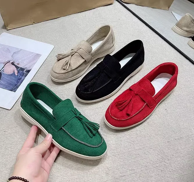 Womens Flock Thick Bottom Driving Shoes Round Toe Flock Tassel White Sole Soft Moccasines In Green Black Wide Fits Slip-On 35-45 Womens Flock Thick Bottom Driving Shoes Round Toe Flock Tassel White Sole Soft Moccasines In Green Black Wide Fits Slip-On 35-45