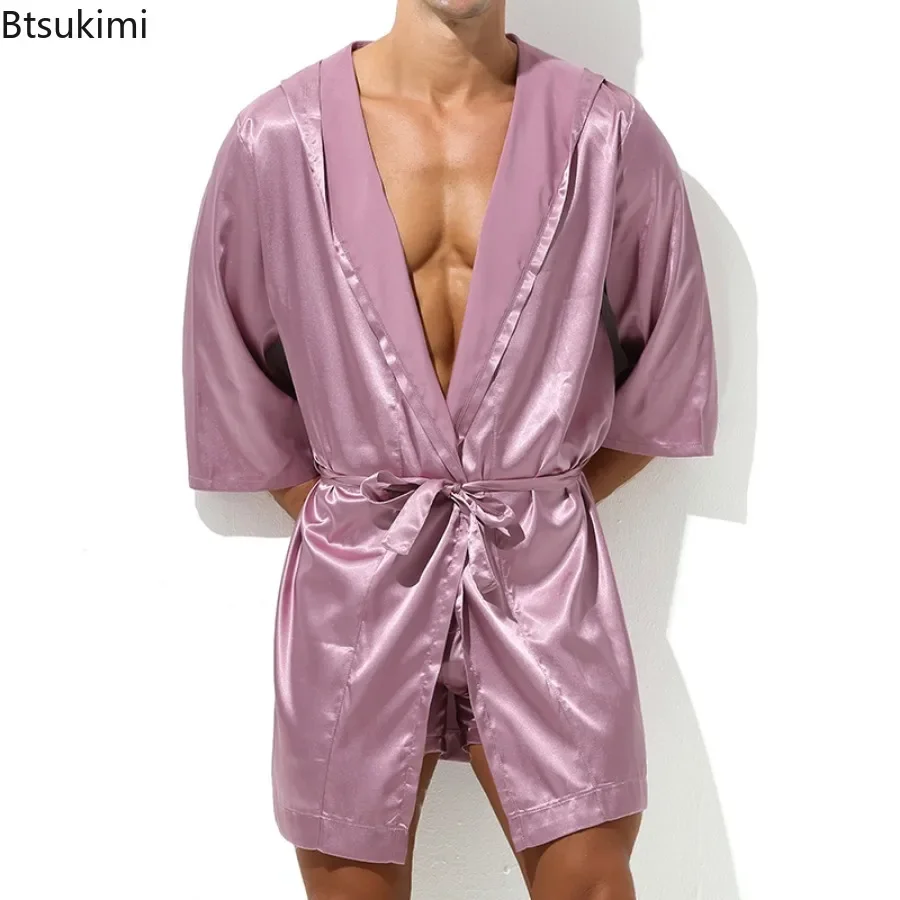 

Men's Silk Satin Hooded Robes Half Sleeve Slip Causal Long Bathrobe Tracksuit Loungewear Sleepwear Bathrobe Night Gown for Men