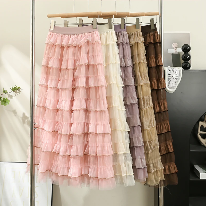 

OHRYIYIE Ruffles Long Maxi Skirt for Women Winter New 2023 Sweet Long Tulle Skirt Womens High Waist Floor-Length Voile Skirts