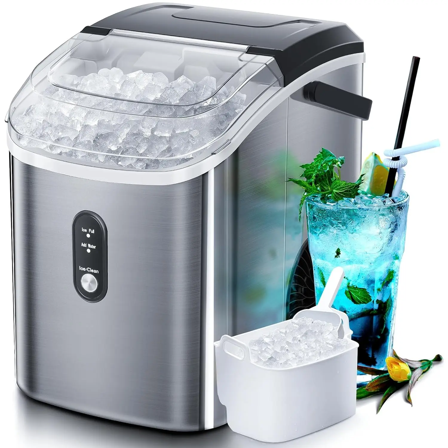 

Nugget Countertop Ice Maker with Soft Chewable Ice, 34Lbs/24H, Pebble Portable Ice Machine with Ice Scoop, Self-Cleaning, O