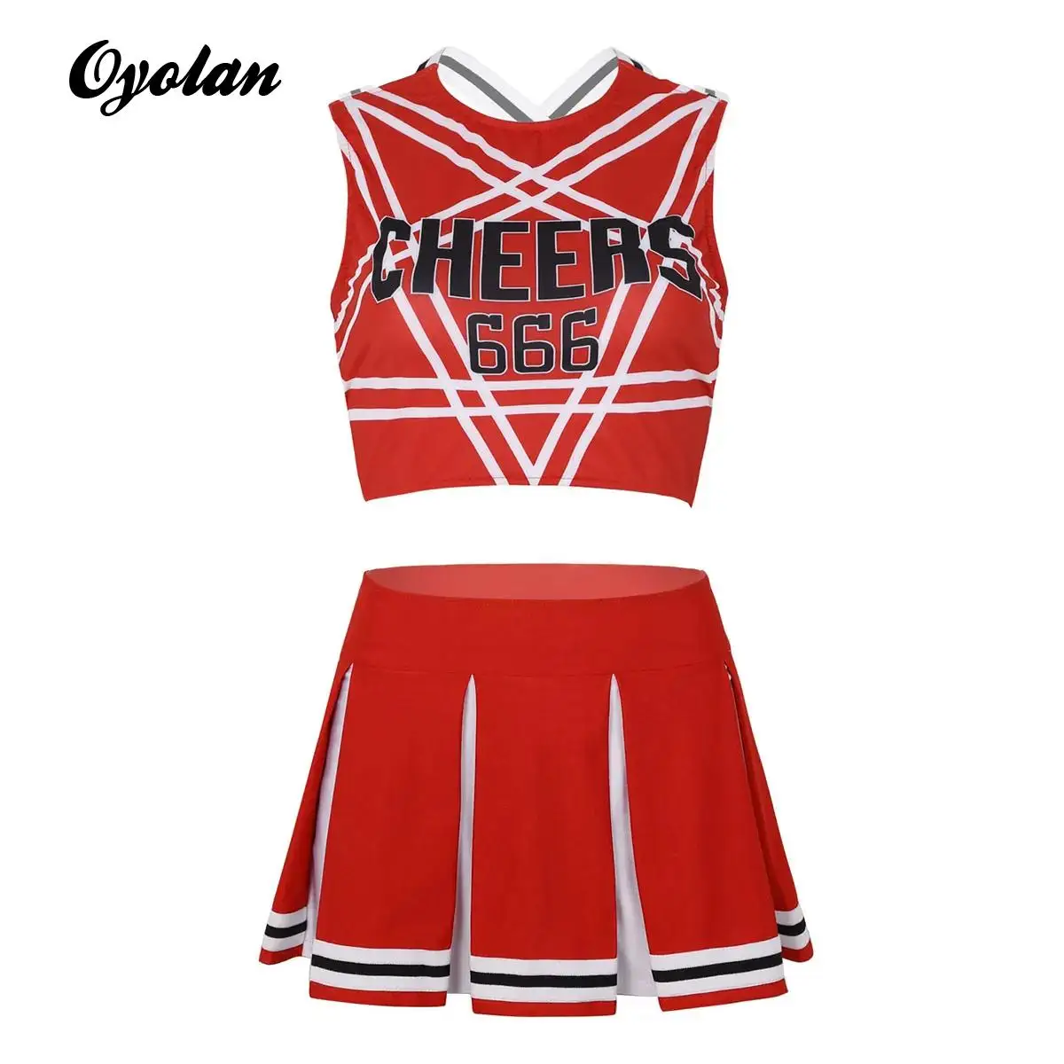 

Womens Cosplay Dance Costume Set Adult Charming Cheerleading Uniform Sleeveless Pentagram Back Crop Top with Mini Pleated Skirt