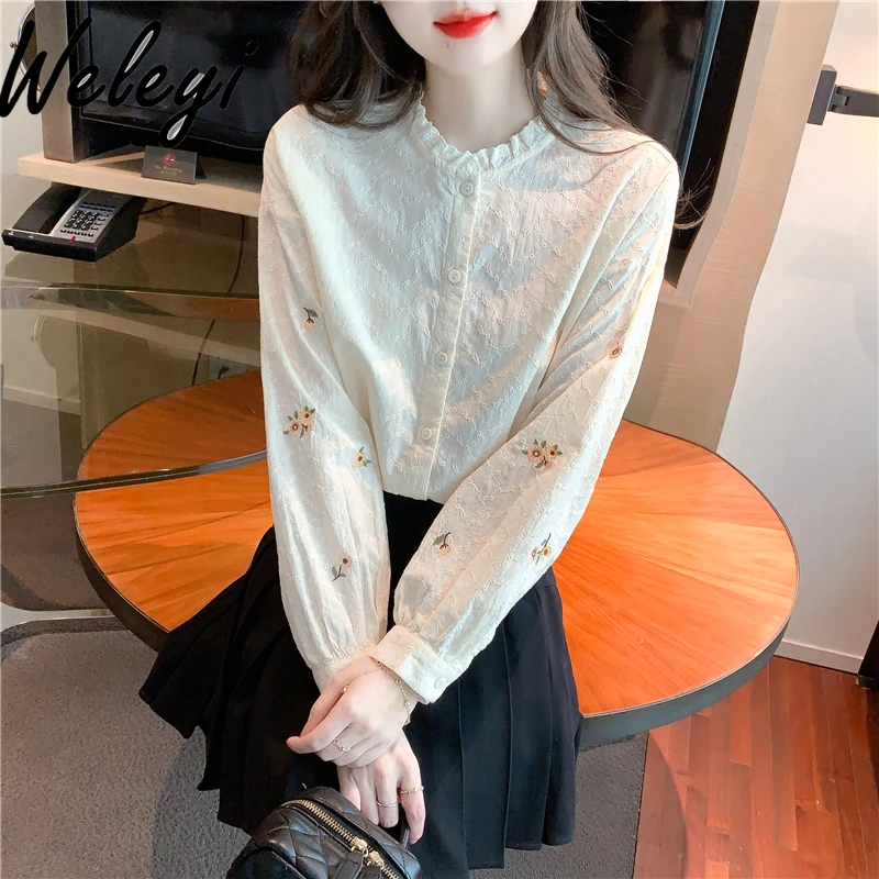 

Japanese Kawaii Chiffon Shirt Women's Spring 2024 New Sweet Stringy Selvedge Lotus Collar Embroidered Long Sleeved Niche Blouses